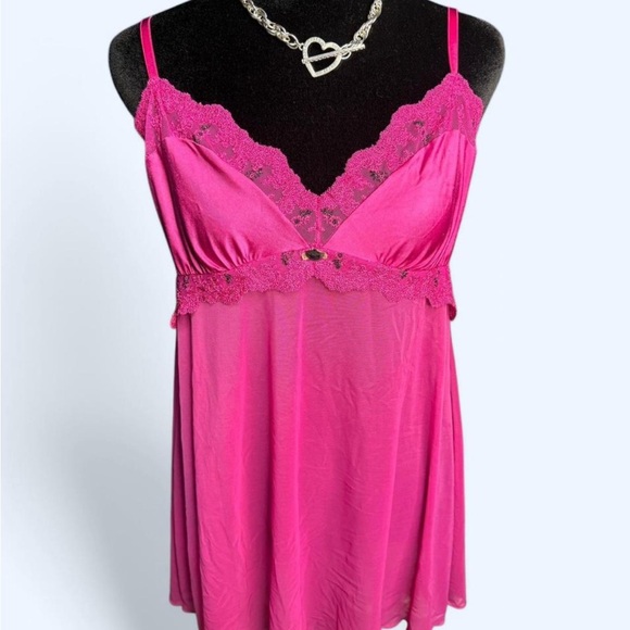 Felina Other - Felina Lingerie babydoll chemise pink black lace slip size M romantic Y2K